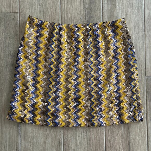 Shasa Dresses & Skirts - Vintage Shasa Sequin Mini Skirt Women's Large Gold Blue Zig Zag Party Y2K USA